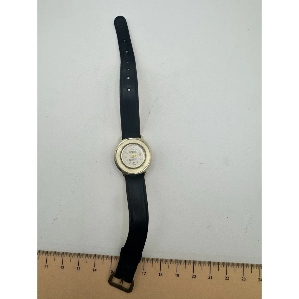 Vintage‎ Newbrook Swiss Made Antimagnetic Shockproof Gold Tone Watch Black Strap